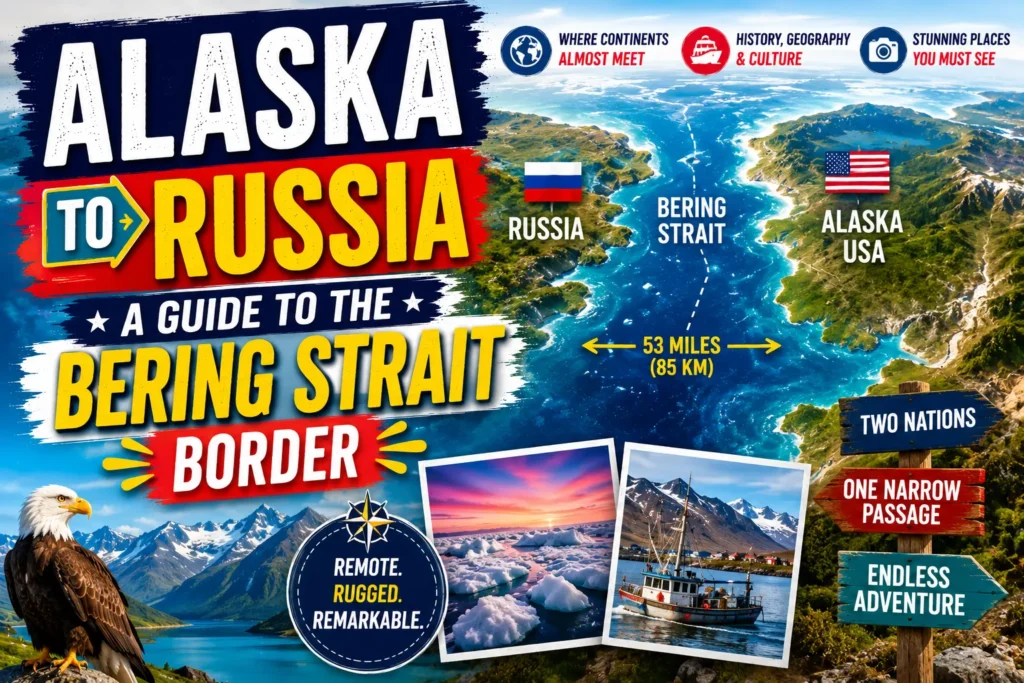 Alaska to Russia: A 2026 Guide to the Bering Strait Border Alaska to Russia Bering Strait thumbnail with map, flags, icy waters, mountains, and colorful border travel graphics.