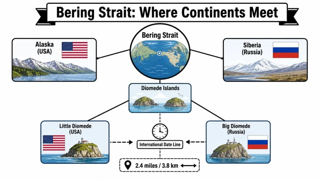 Alaska to Russia: A 2026 Guide to the Bering Strait Border Diagram of the Bering Strait showing Alaska, Siberia, and the Diomede Islands split by the International Date Line.