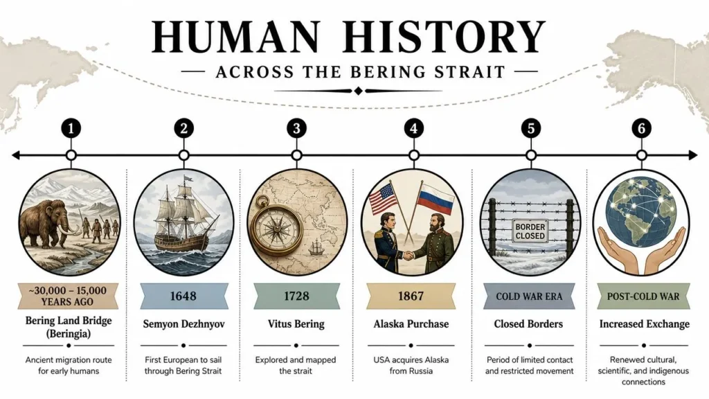 Alaska to Russia: A 2026 Guide to the Bering Strait Border Timeline infographic of Bering Strait history: land bridge migration, Dezhnyov, Bering, Alaska Purchase, Cold War, today.
