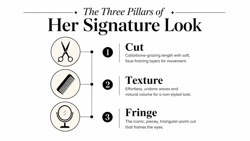 Alexa Chung signature hairstyle guide highlighting three key elements: layered cut, undone texture, and iconic fringe.