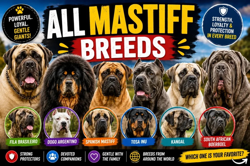 All Mastiff breeds thumbnail featuring powerful Mastiff dogs from around the world with colorful breed labels and graphics.