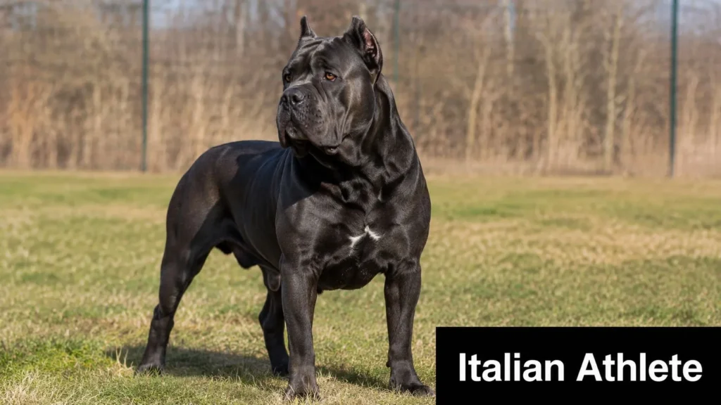 All Mastiff Breeds: Complete Guide 2026 Muscular black Cane Corso standing alert in a grassy field, a powerful Italian guard dog breed.
