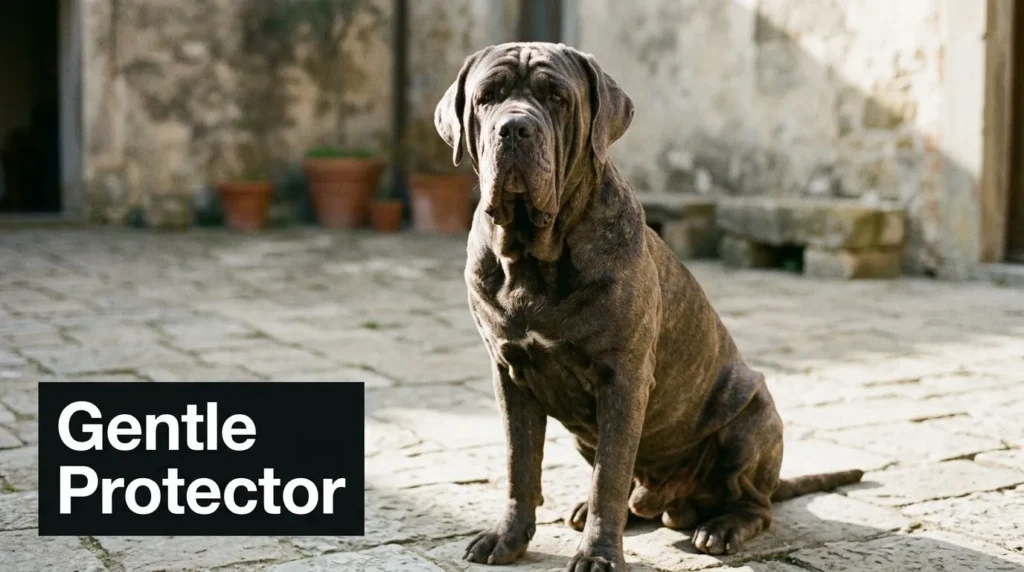 All Mastiff Breeds: Complete Guide 2026 Wrinkled Neapolitan Mastiff sitting on a stone courtyard, a large, gentle guard dog breed.