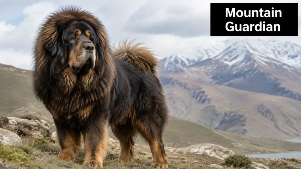 All Mastiff Breeds: Complete Guide 2026 Massive, thick-coated Tibetan Mastiff standing on a hillside with snow-capped mountains behind it.