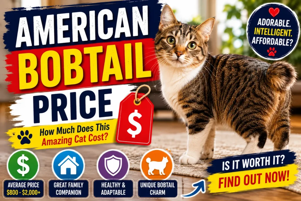 American Bobtail price thumbnail featuring a bobtail cat, price tag, cost range, and colorful pet ownership graphics.