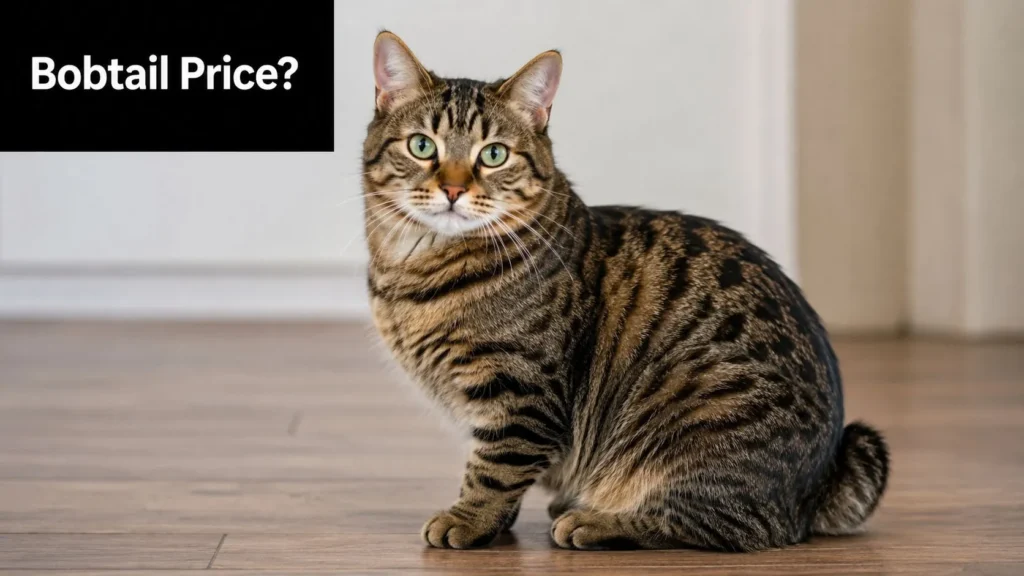 Tabby-striped bobtail cat with green eyes sitting on a wood floor, short bobbed tail visible.