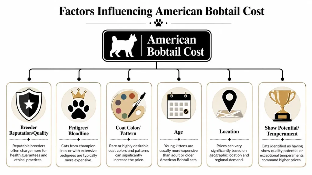 Infographic: 6 factors affecting American Bobtail cost — breeder reputation, pedigree, coat, age, location, show potential.