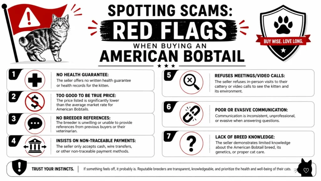 Infographic listing 7 breeder scam red flags for buying an American Bobtail cat, plus a trust-your-instincts tip.