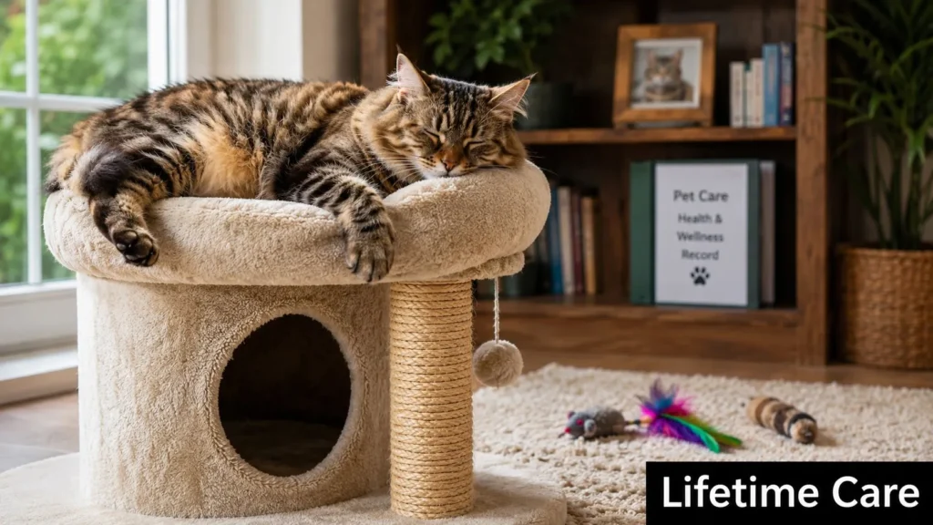 Tabby cat sleeping on a cat tree, surrounded by toys and a pet care wellness record book.