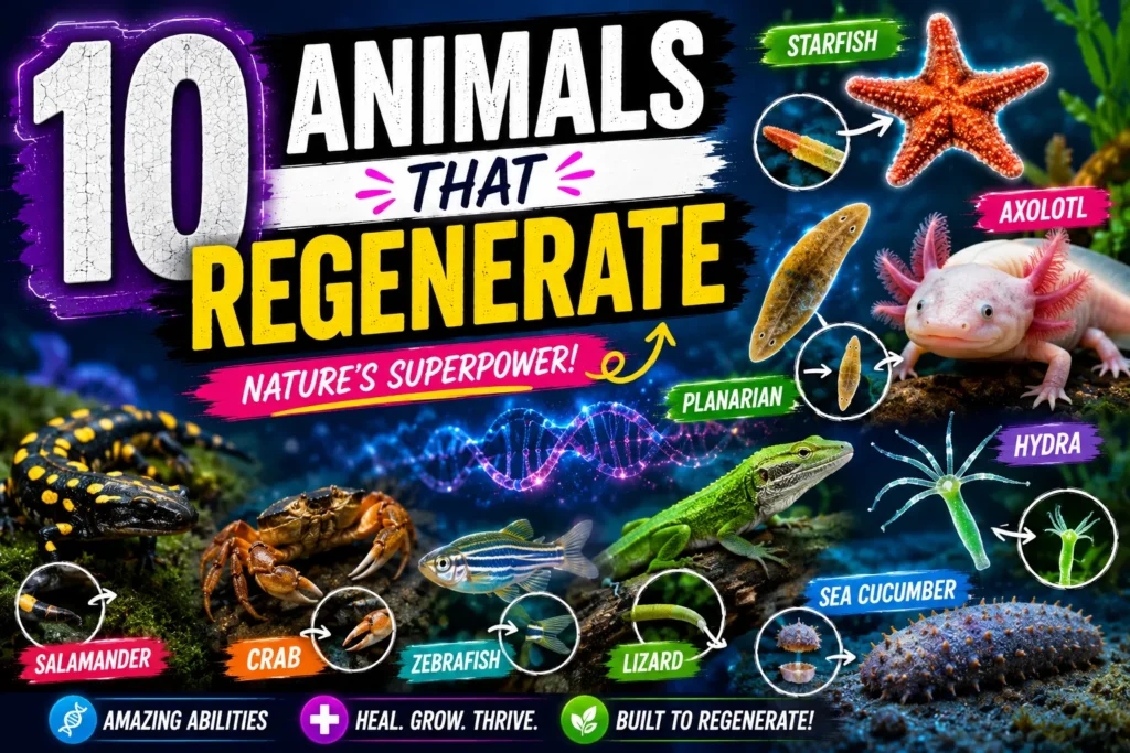 10 animals that regenerate thumbnail featuring axolotl, starfish, salamander, lizard, and other regenerative species.