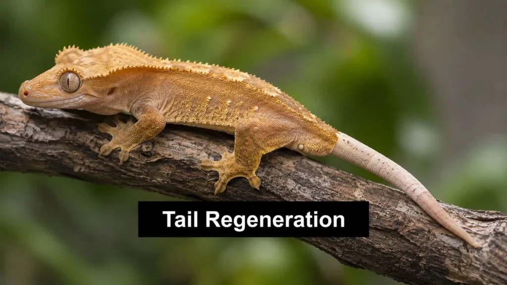 Orange crested gecko on a branch with a pale, regrowing regenerated tail after losing its original.