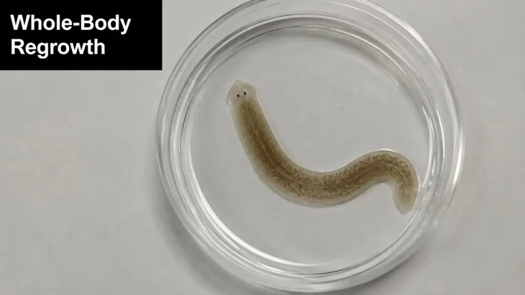 Planarian flatworm with two eyespots curled in a petri dish, illustrating whole-body regrowth.