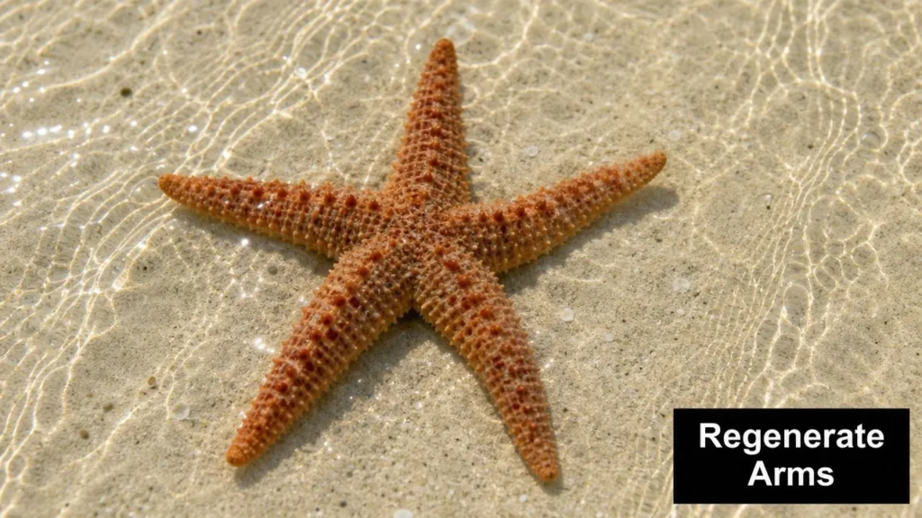 Orange starfish with five arms lying on sandy seafloor in shallow, rippling clear water.