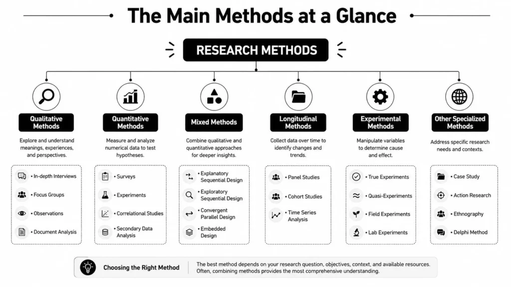 Research methods infographic covering qualitative, quantitative, mixed, longitudinal, experimental, and specialized approaches.