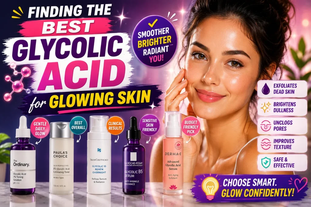 Best glycolic acid for glowing skin thumbnail featuring skincare products, radiant skin, and colorful exfoliation benefit graphics.