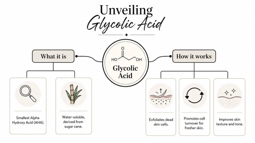 Finding the Best Glycolic Acid for Glowing Skin in 2026 Infographic explaining glycolic acid: what it is (smallest AHA, sugar cane-derived) and how it works (exfoliation, cell turnover).
