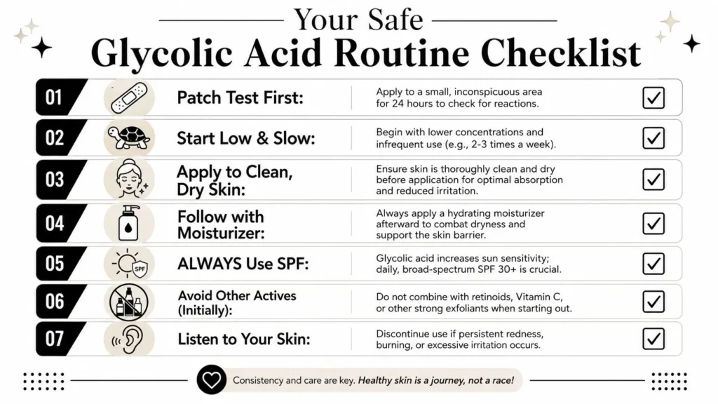 Finding the Best Glycolic Acid for Glowing Skin in 2026 Checklist infographic: 7-step safe glycolic acid routine, from patch testing to daily SPF use.