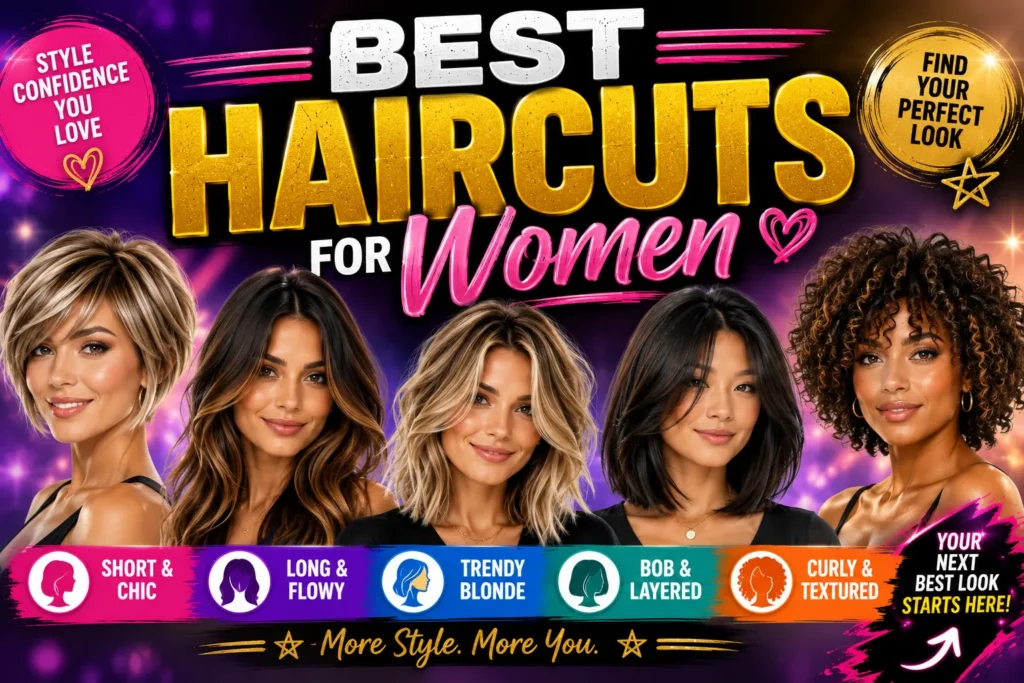 10 Best Haircuts for Women to Try in 2026 Best haircuts for women thumbnail featuring pixie, long layered, blonde, bob, and curly hairstyles in a colorful design.
