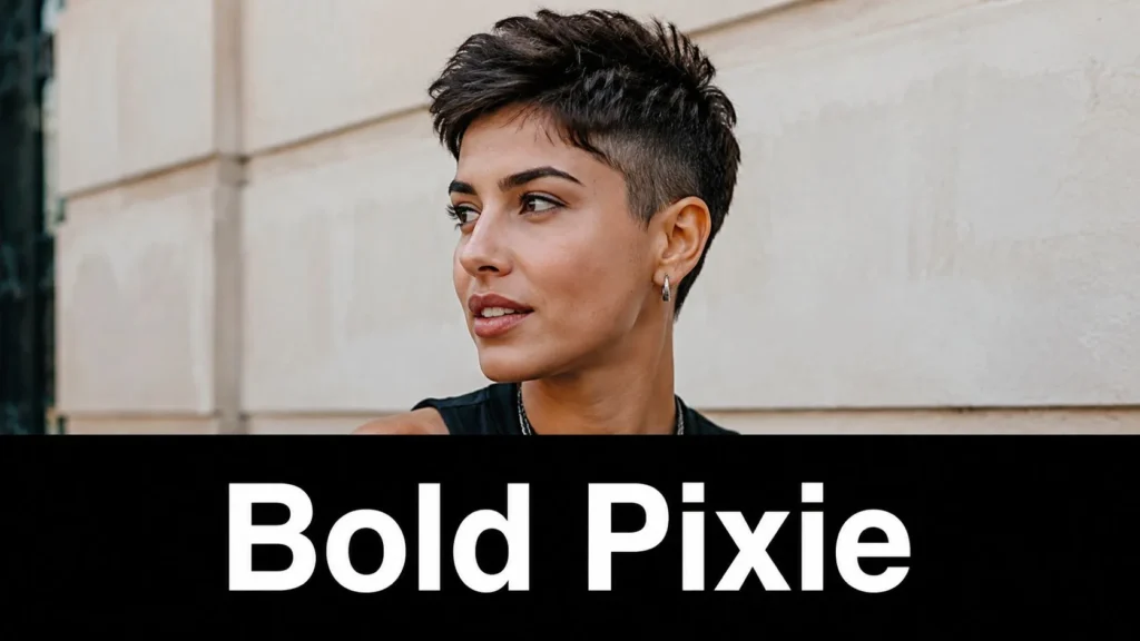 10 Best Haircuts for Women to Try in 2026 Woman with a textured, undercut pixie haircut standing outdoors against a stone wall.