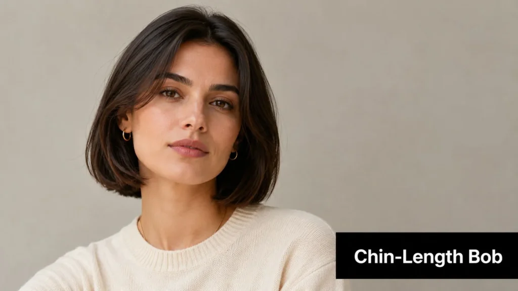 10 Best Haircuts for Women to Try in 2026 Woman with a sleek chin-length dark bob haircut, wearing gold hoop earrings and a cream sweater.