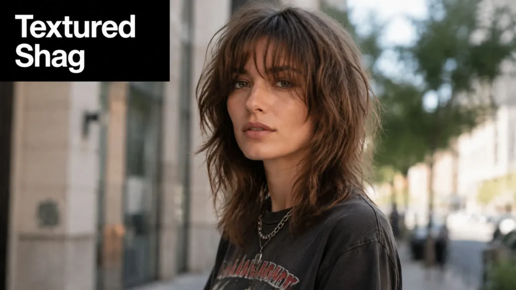 10 Best Haircuts for Women to Try in 2026 Woman with a shaggy, layered brunette haircut and bangs, standing on a city sidewalk in a graphic tee.