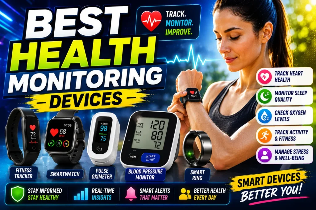 Best health monitoring devices thumbnail featuring smartwatches, fitness trackers, oximeter, blood pressure monitor, and smart ring.