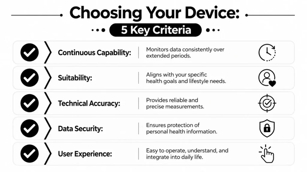 Best Health Monitoring Devices: A 2026 Buyer's Guide Checklist infographic: 5 criteria for choosing a health device — continuous capability, suitability, accuracy, security, UX.