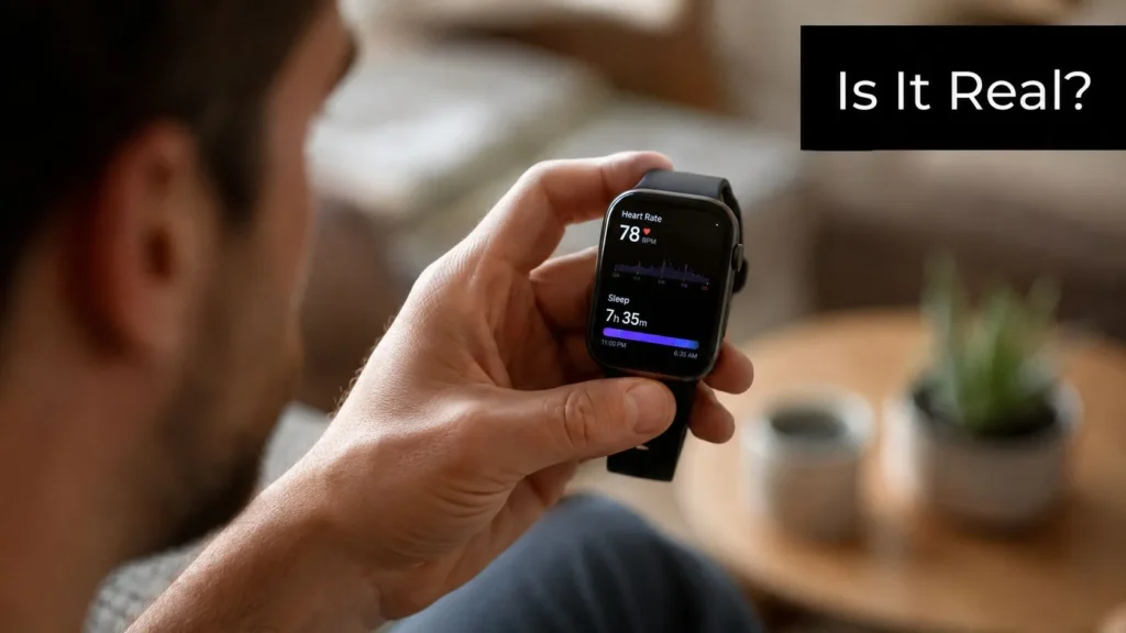 Best Health Monitoring Devices: A 2026 Buyer's Guide Man checking heart rate and sleep data on a smartwatch he's holding in his hand.