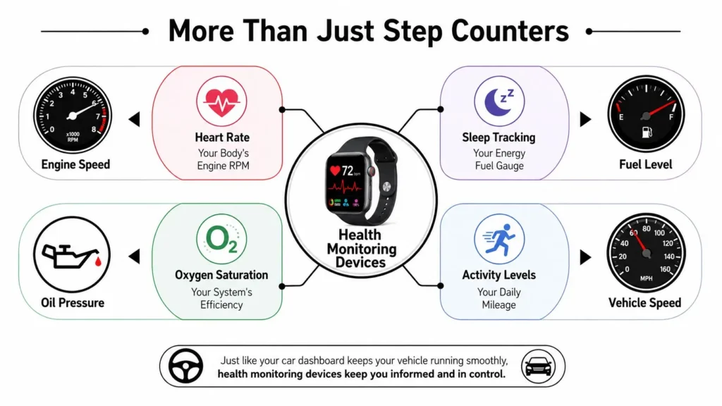 Best Health Monitoring Devices: A 2026 Buyer's Guide Infographic comparing smartwatch health metrics (heart rate, sleep, O2, activity) to car dashboard gauges.