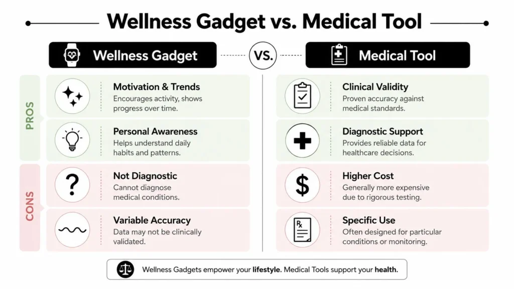 Best Health Monitoring Devices: A 2026 Buyer's Guide Infographic comparing pros and cons of wellness gadgets versus medical tools, covering accuracy, cost, and diagnostic value.