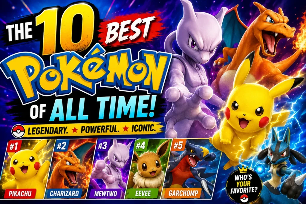 The 10 Best Pokemon of All Time: A 2026 Ranking Top 10 best Pokémon of all time thumbnail featuring Pikachu, Charizard, Mewtwo, Eevee, Garchomp, and Lucario.