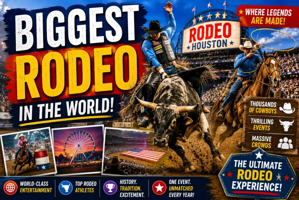 Biggest Rodeo in the World: Find Your Perfect Event Biggest rodeo in the world thumbnail with bull riding, cowboy roping, packed stadium, and colorful Western event graphics.