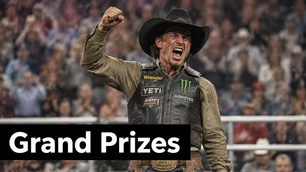 Sponsor-patched bull rider raising a fist in celebration before a cheering rodeo crowd.