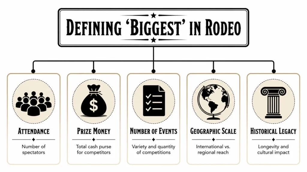 Infographic: 5 factors defining the 'biggest' rodeo — attendance, prize money, events, geographic scale, legacy.