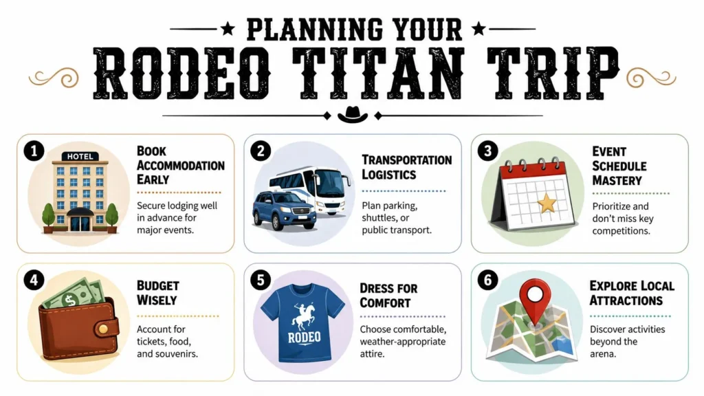 Infographic: 6-step rodeo trip planning guide — booking, transport, schedule, budget, attire, local attractions.