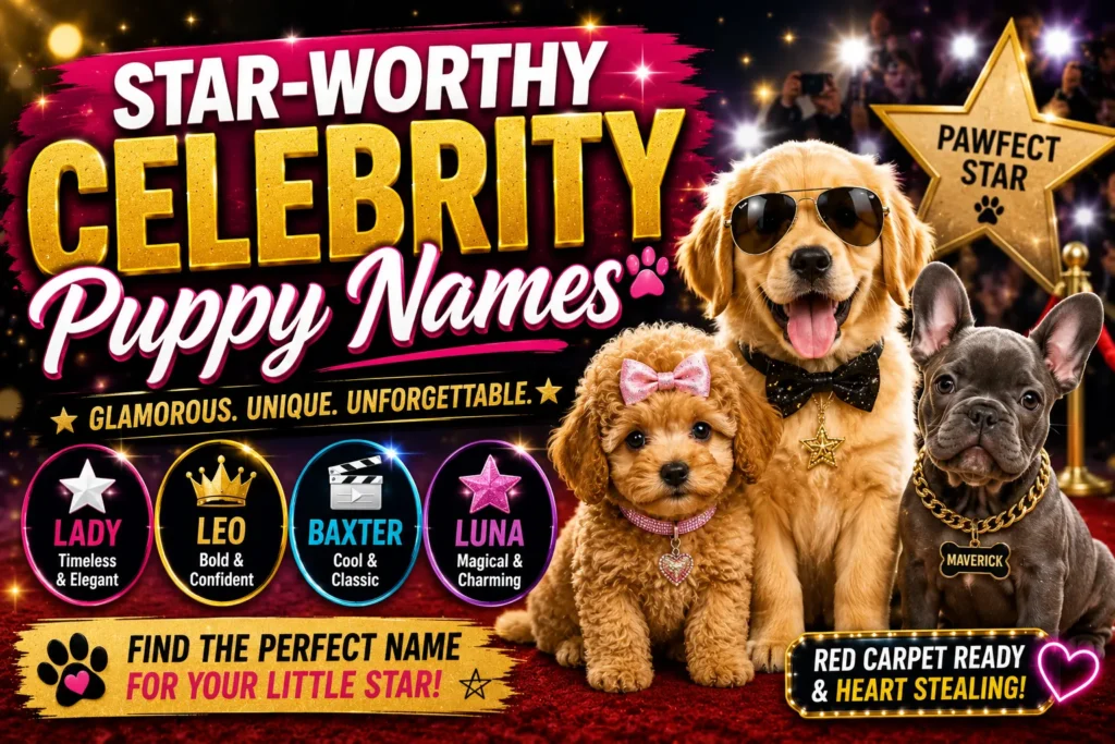 Star-worthy celebrity puppy names thumbnail with three stylish puppies, glamorous red carpet theme, stars, and colorful graphics.