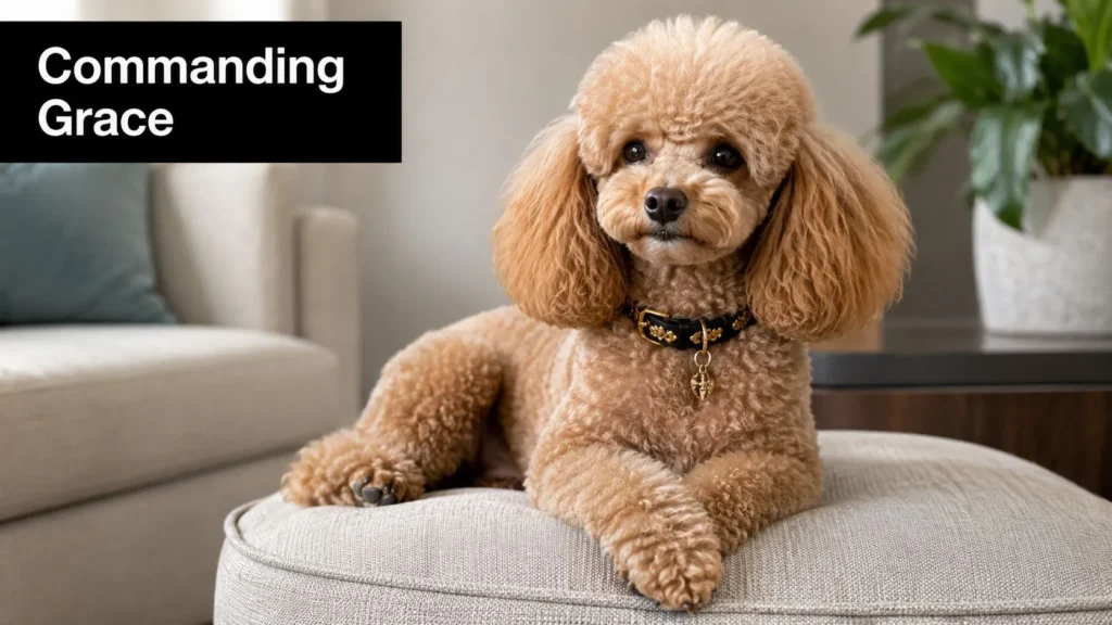 10 Star-Worthy Celebrity Puppy Names for Your Dog Curly apricot poodle wearing a jeweled collar, lying elegantly on an ottoman in a living room.