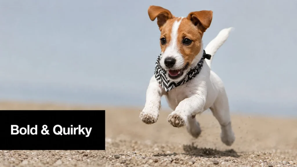 10 Star-Worthy Celebrity Puppy Names for Your Dog Jack Russell Terrier wearing a bandana leaping mid-air joyfully on a sandy beach.