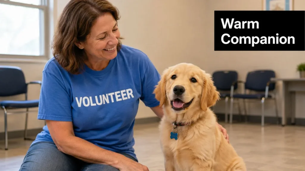 10 Star-Worthy Celebrity Puppy Names for Your Dog Smiling volunteer in a blue 'Volunteer' shirt kneeling with a happy golden retriever therapy dog.