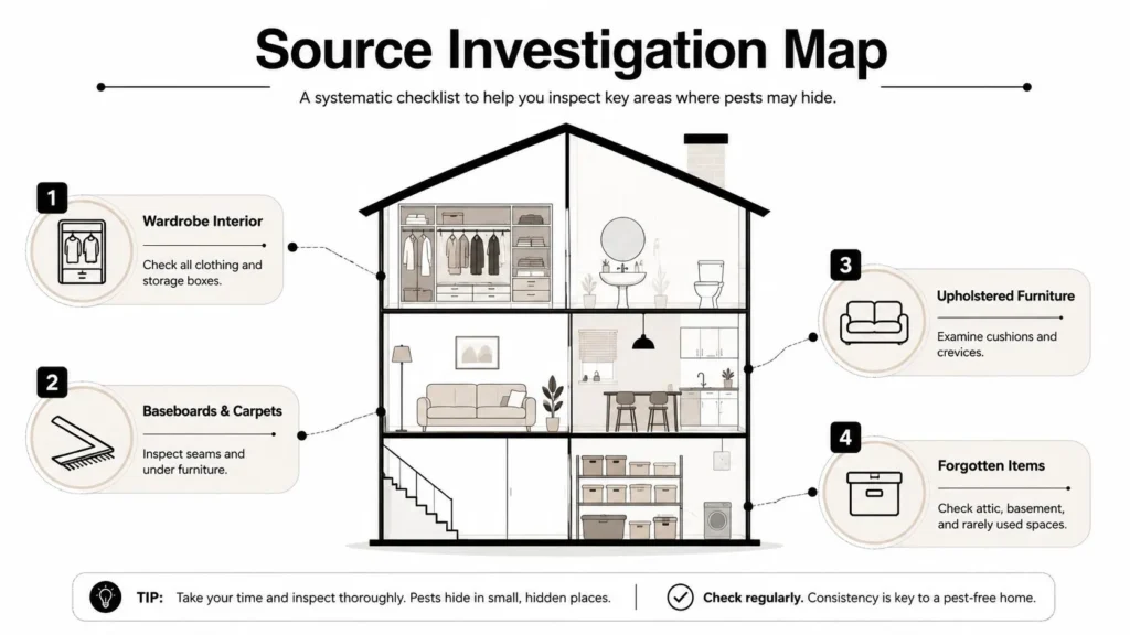 Home pest inspection map highlighting wardrobes, carpets, upholstered furniture, and rarely used storage areas.