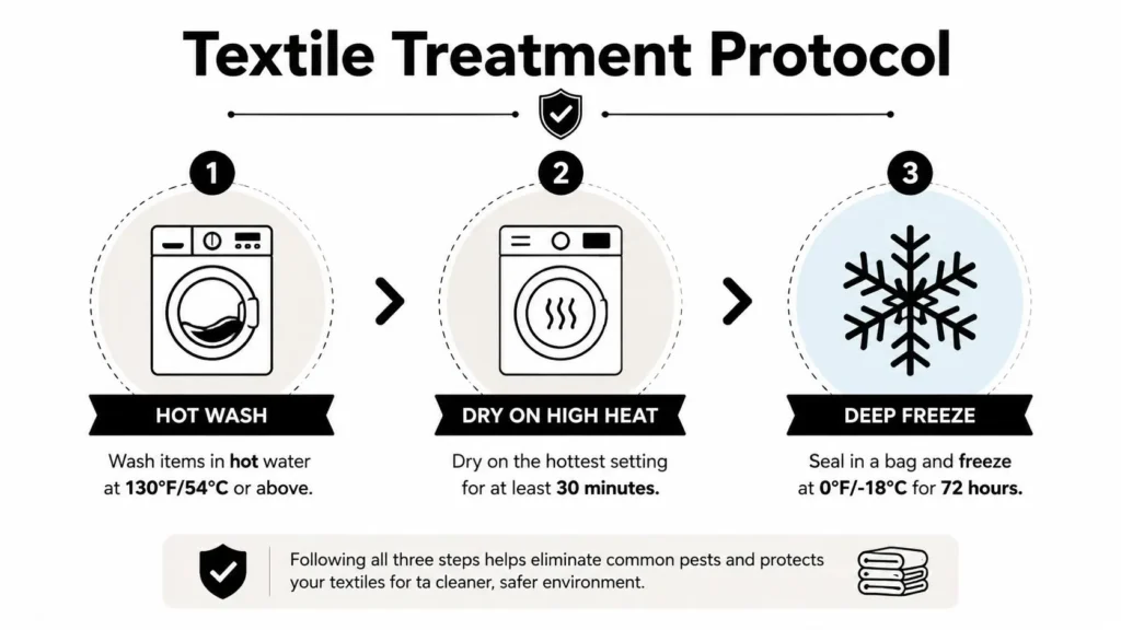 Textile treatment protocol using hot washing, high-heat drying, and deep freezing to help eliminate clothes moth pests.