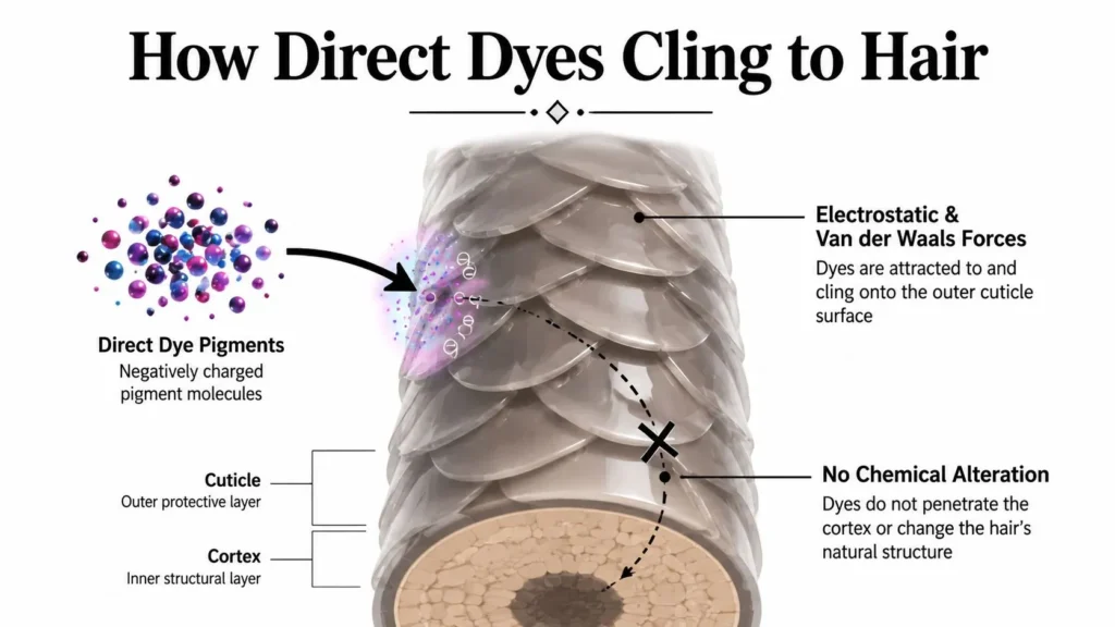 Color Depositing Shampoo: How to Get Perfect Results Diagram showing how direct dye pigments cling to the hair cuticle without penetrating or chemically altering the cortex.