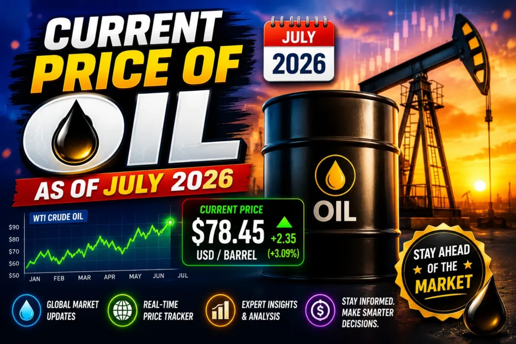 Current oil price July 2026 thumbnail featuring an oil barrel, pumpjack, market chart, and crude oil price graphics.