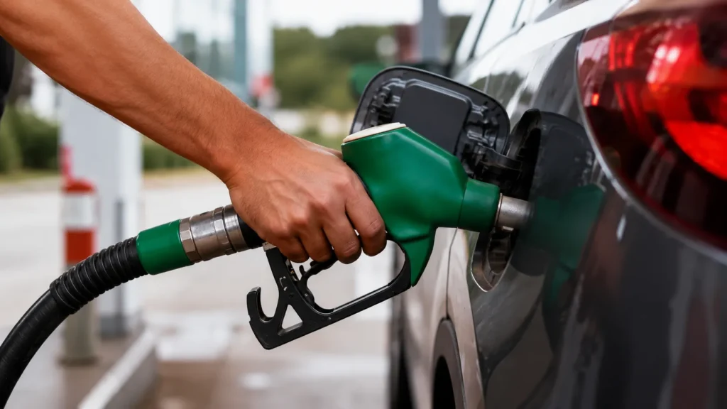 Current Price of Oil as of July 22, 2026 Close-up of a hand holding a green fuel nozzle while refueling a car at a modern gas station.