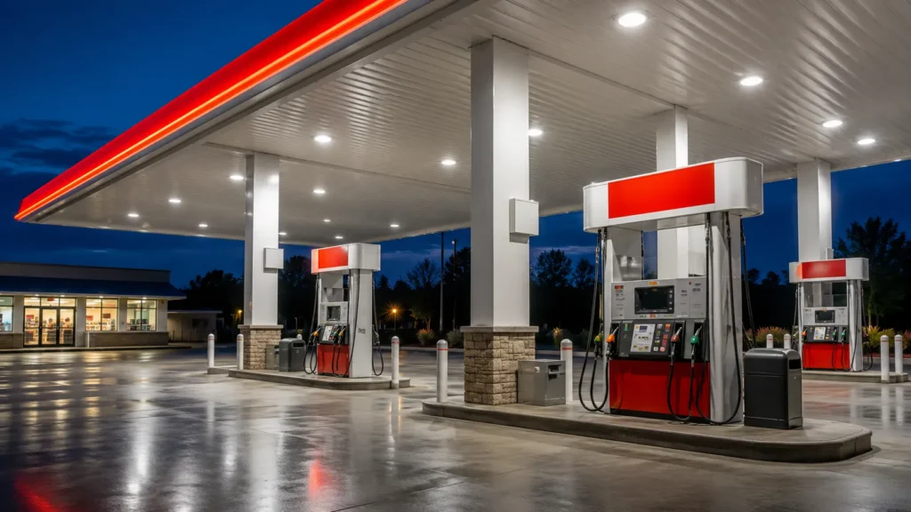 Current Price of Oil as of July 22, 2026 Modern gas station pumps illuminated under a bright canopy at night, with wet pavement reflecting the station lights.