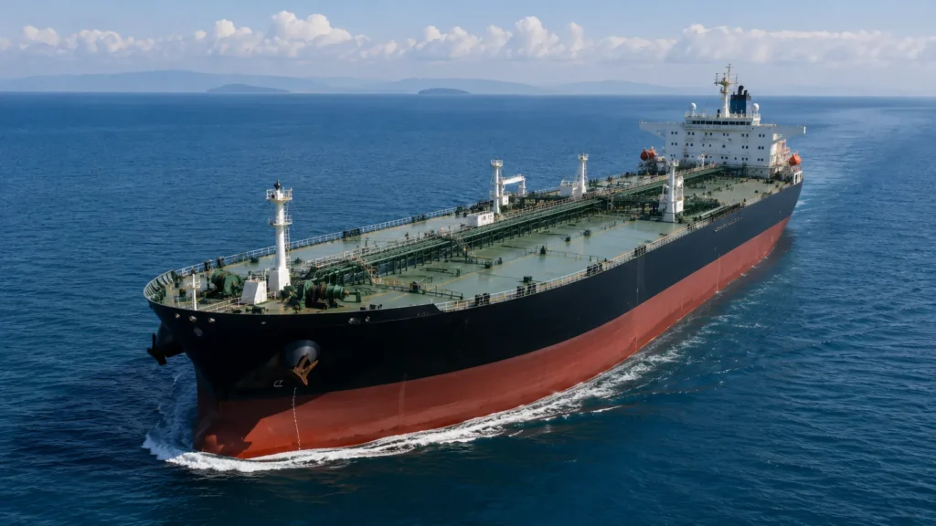 Current Price of Oil as of July 22, 2026 Large oil tanker sailing across the blue ocean, viewed from above with its industrial deck and distant mountains visible.