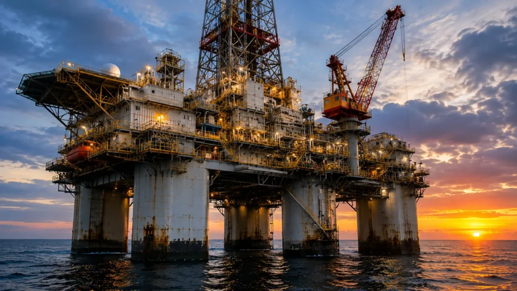 Current Price of Oil as of July 22, 2026 Close-up view of a large offshore oil drilling platform in the ocean, illuminated by a dramatic sunset and industrial lights.