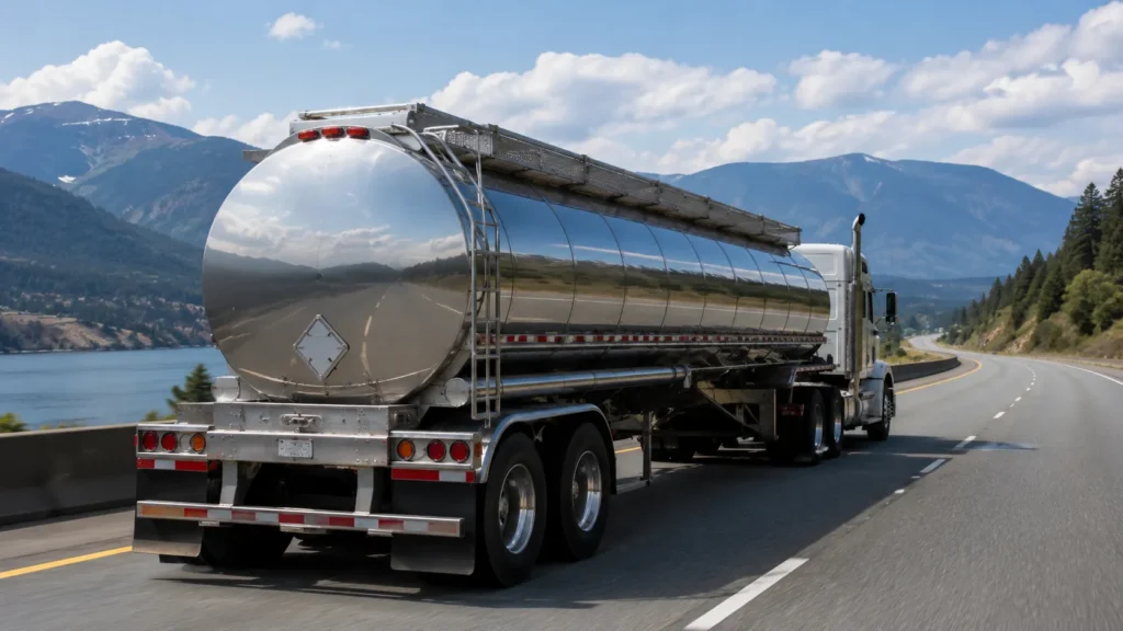 Current Price of Oil as of July 22, 2026 Large oil tanker truck driving on a scenic highway beside a lake, with mountains and blue sky in the background.