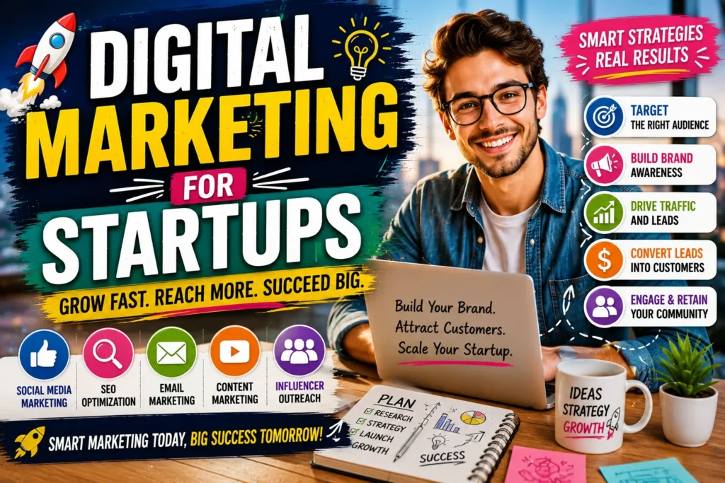 Digital marketing for startups thumbnail with entrepreneur, laptop, growth icons, and colorful online marketing strategy graphics.