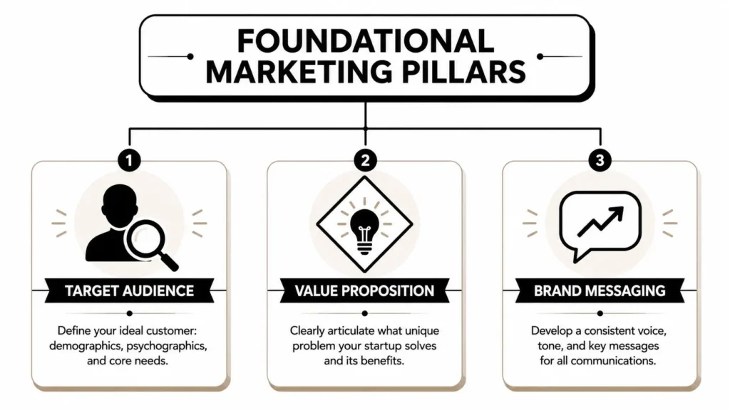 Digital Marketing for Startups: A 2026 Playbook Infographic: 3 foundational marketing pillars — target audience, value proposition, and brand messaging.